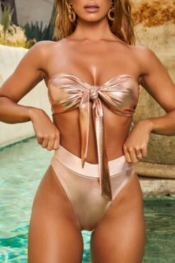 Metallic Tie Front Bandeau Bikini Top In Rose Gold -Modern Beach Bikini 2301 11 gold coast rose gold metallic bandeau knot bikini high rise bottoms 1