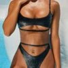 Ribbed Metallic Thong Bikini Bottoms In Black -Modern Beach Bikini 2305 10 cut in line black metallic underboob thong bikini 1