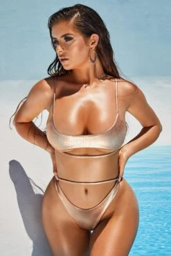 Ribbed Metallic Thong Bikini Bottoms In Rose Gold 21 Ribbed Metallic Thong Bikini Bottoms In Rose Gold -Modern Beach Bikini 2305 6 cut in line rose gold metallic underboob thong bikini 1