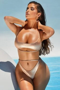 Ribbed Metallic Thong Bikini Bottoms In Rose Gold 18 Ribbed Metallic Thong Bikini Bottoms In Rose Gold -Modern Beach Bikini 2305 7 cut in line rose gold metallic underboob thong bikini 1