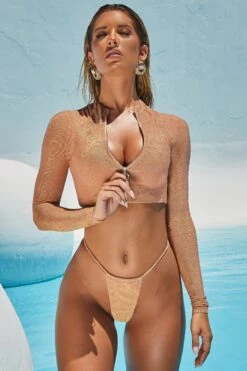 High Rise Thong Bikini Bottoms In Rose Gold -Modern Beach Bikini 2307 2 surf s up rose gold glitter long sleeved thong bikini zipup metallic 1