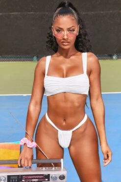 Ruched Micro Thong Bikini Bottoms In White 13 Ruched Micro Thong Bikini Bottoms In White -Modern Beach Bikini 2494 3 vacay pending white ruched high waisted thong bikini bottoms bust flattering bikini top two piece swimwear 1