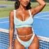 Cut Out Ruched Thong Bikini Bottoms In Blue -Modern Beach Bikini 3003 4 just add water blue ruched side tied cross strap high waisted bikini two piece 1