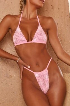 Embellished Thong Bikini Bottoms In Pink 14 Embellished Thong Bikini Bottoms In Pink -Modern Beach Bikini 3303 5 hot girl summer pink diamante embellished thong triangle string bikini set 1