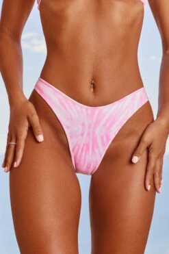Brazilian Bikini Bottoms In Pink Tie Dye -Modern Beach Bikini 3413 4 summer staple tie dye pink brazillian high waisted bikini bottoms