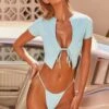 Tie Front T-Shirt Bikini Top In Turquoise -Modern Beach Bikini 3419 1 shining waters turquoise ribbed tie front tee thong bikini set 4