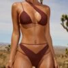 Strappy Thong Bikini Bottoms In Brown -Modern Beach Bikini NS0011 NS0085 5 Carmella Ballena Brown Asymmetric Bikini Top High Waist Strappy Bikini Bottoms