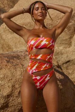 Cut Out Strapless Thong One Piece In Pink Print -Modern Beach Bikini NS0151 1 Pink Print Strapless One Piece Swimsuitcopy