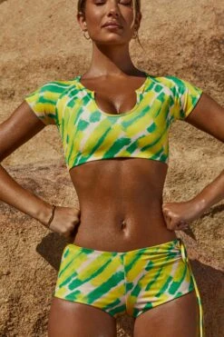 Cap Sleeves Swim Top In Green Print -Modern Beach Bikini NS0163 NS0161 3 Green Print Cap Sleeve Top Booty Shorts
