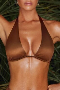 Plunge Micro Bikini Top In Brown -Modern Beach Bikini NS0173 NS0172 7 Mele Brown Plunge Micro Top Malosi High Waisted Bikini Bottoms