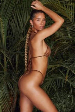 Ruched Thong Bikini Bottoms In Brown 11 Ruched Thong Bikini Bottoms In Brown -Modern Beach Bikini NS0174 NS0236 9 Olaga Halia Brown Ruched Bikini Bottoms Triangle Bikini Top