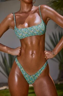 Micro Scoop Bandeau Top In Turquoise Floral Print -Modern Beach Bikini NS0324 NS0325 6 Turquoise Floral Print Micro Scoop Bandeau Top Micro Low Dipped Cheeky Bottom