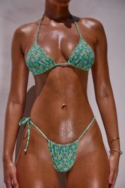 Ruched Tie Side Bottom In Turquoise Floral Print -Modern Beach Bikini NS0328 NS0330 9 Turquoise Floral Print Triangle Bikini Top Ruched Side Tie Cheeky Bottoms