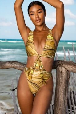 Plunge Neck Cut Out Swimsuit In Olive Print -Modern Beach Bikini gg0002 1 cenote olive print tie front open back swimsuit