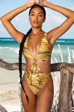 Plunge Neck Cut Out Swimsuit In Olive Print