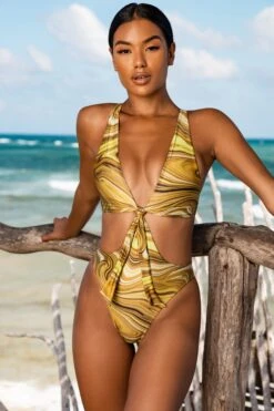 Plunge Neck Cut Out Swimsuit In Olive Print -Modern Beach Bikini gg0002 3 cenote olive print tie front open back swimsuit
