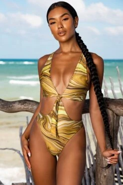 Plunge Neck Cut Out Swimsuit In Olive Print -Modern Beach Bikini gg0002 5 cenote olive print tie front open back swimsuit