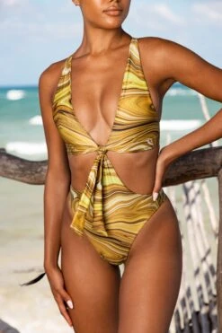 Plunge Neck Cut Out Swimsuit In Olive Print -Modern Beach Bikini gg0002 6 cenote olive print tie front open back swimsuit