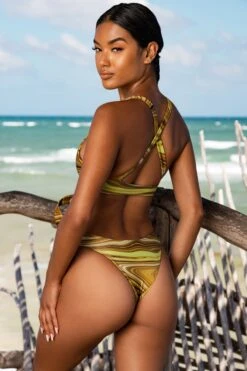 Plunge Neck Cut Out Swimsuit In Olive Print -Modern Beach Bikini gg0002 9 cenote olive print tie front open back swimsuit