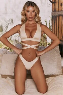 Plunge Neck Bikini Top In Sand -Modern Beach Bikini gg0015 2 tranquility sand cross front bikini set