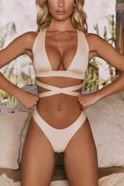 Plunge Neck Bikini Top In Sand -Modern Beach Bikini gg0015 5 tranquility sand cross front bikini set