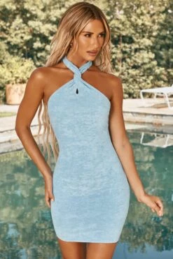 Twist Neckline Mini Dress In Blue -Modern Beach Bikini ns0017 1 botum blue halterneck bodycon minidress 1