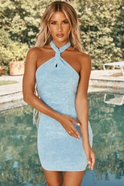 Twist Neckline Mini Dress In Blue -Modern Beach Bikini ns0017 4 botum blue halterneck bodycon minidress 1