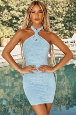 Twist Neckline Mini Dress In Blue -Modern Beach Bikini ns0017 5 botum blue halterneck bodycon minidress 1