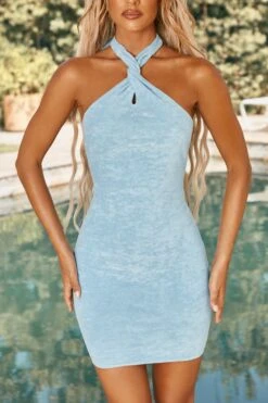 Twist Neckline Mini Dress In Blue